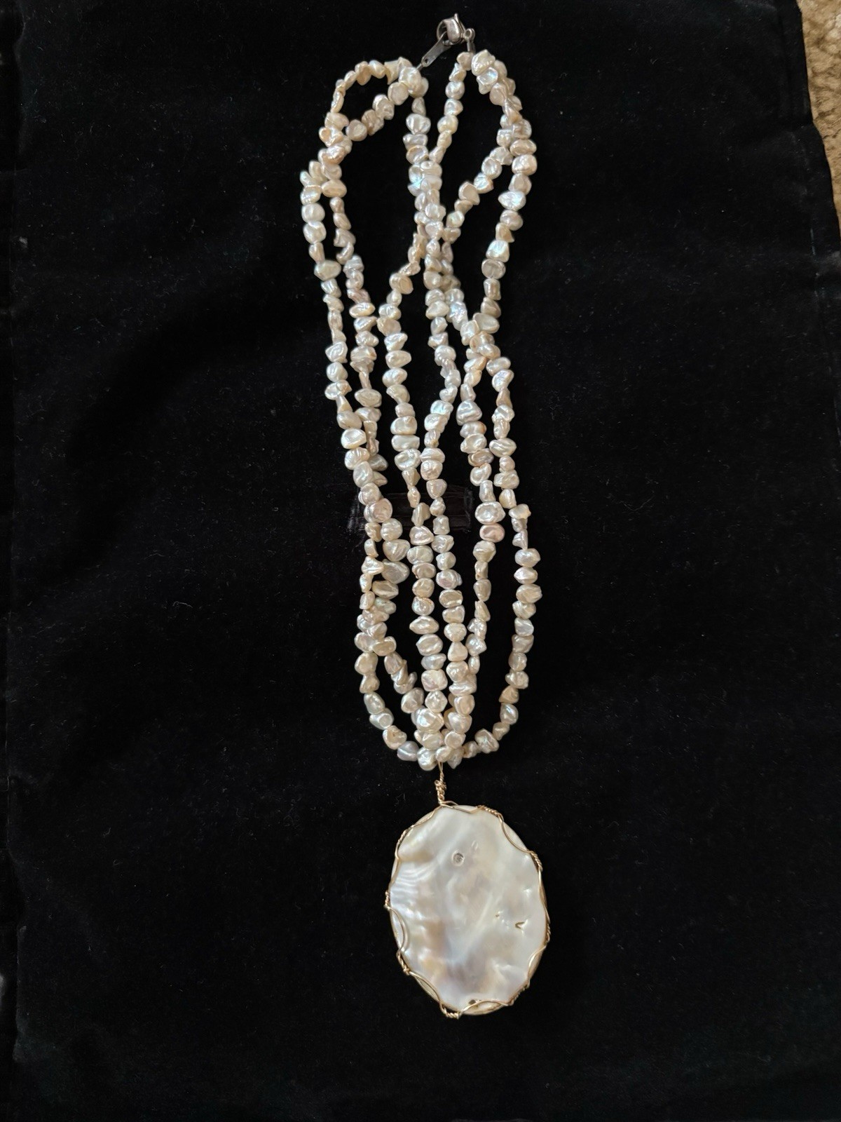 Handcrafted White Pearl Beaded Necklace w/ Wire-Wrapped Shell Oval Pendant