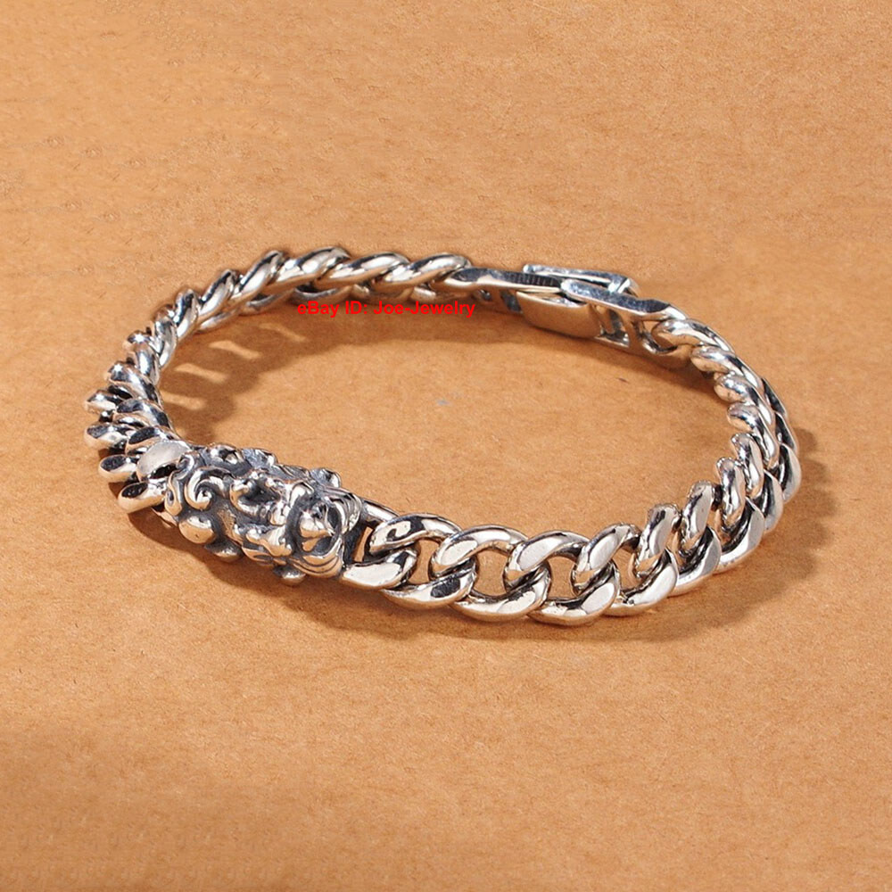 Real 925 Sterling Silver 8mm Curb Link Pixiu Men’s Bracelet 7.48inch 34-35g