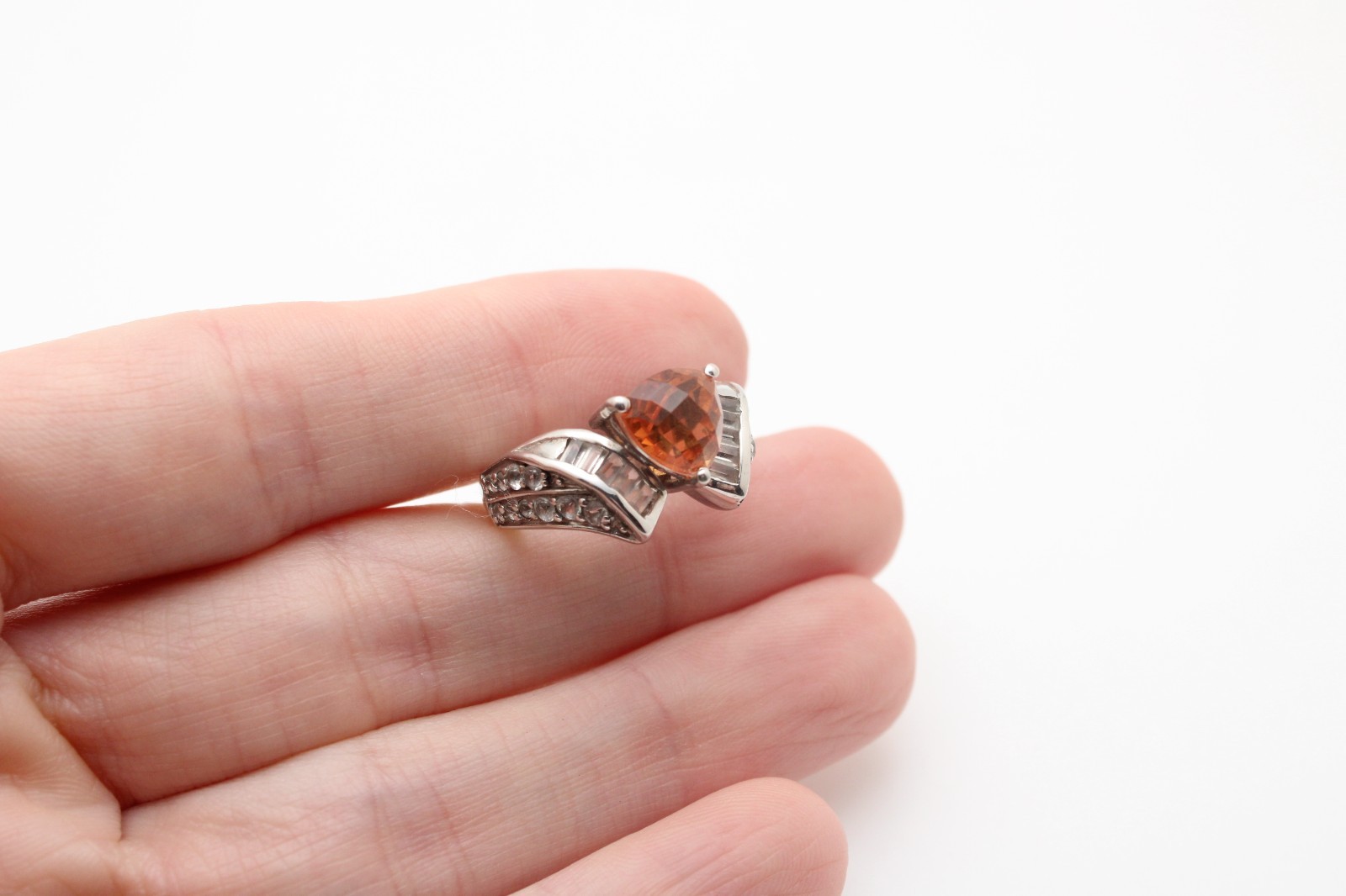 925 Sterling Silver Trillion Spessartine Garnet White Topaz Cluster Ring Sz 6