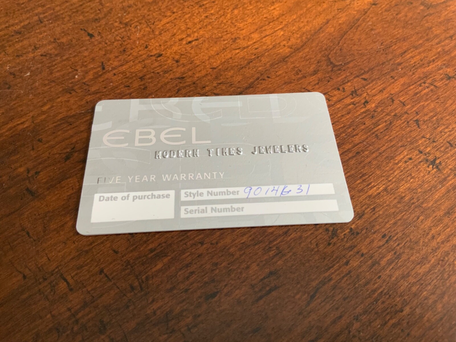 Ebel Watch 5 Years Warranty Card