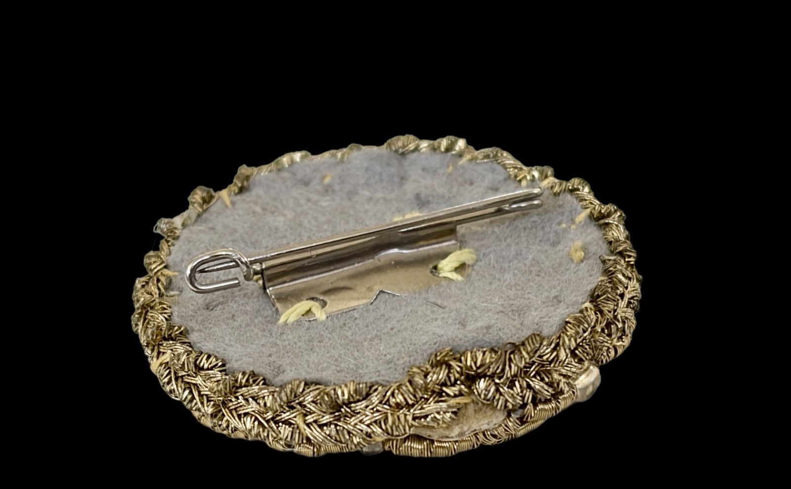 Vintage Round Golden Floral Thread-Work & Rhinestone Brooch~C-Clasp~1930s