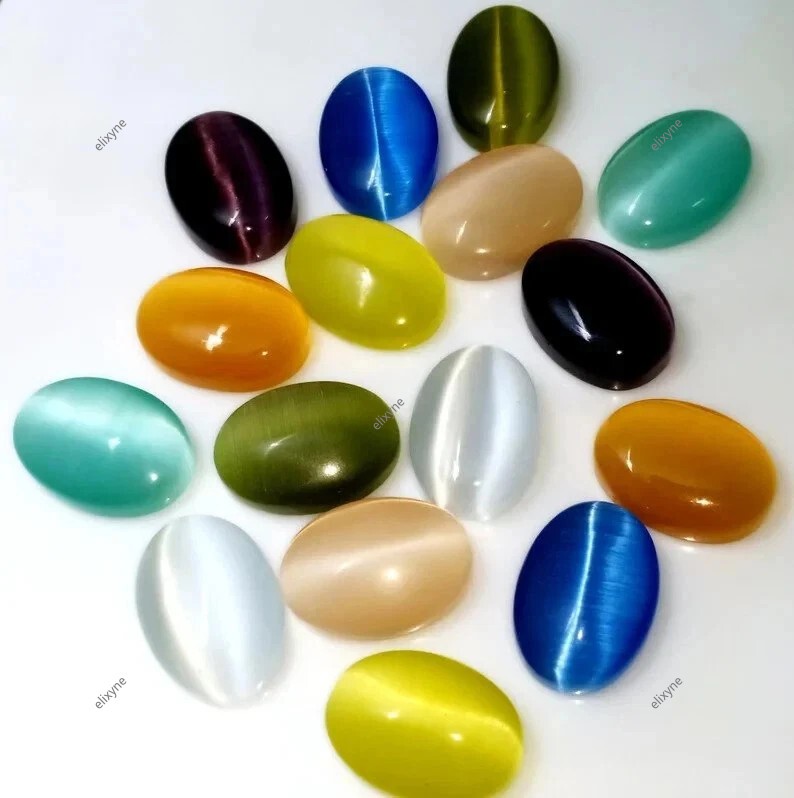 10 Pcs Cat’s Eye Cabochon Gemstones 300 CT Loose Stones Random Color Mixed Lot