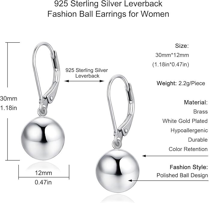 925 Sterling Silver Jewelry Leverback Ball Drop Dangle Earrings for Women 12 MM