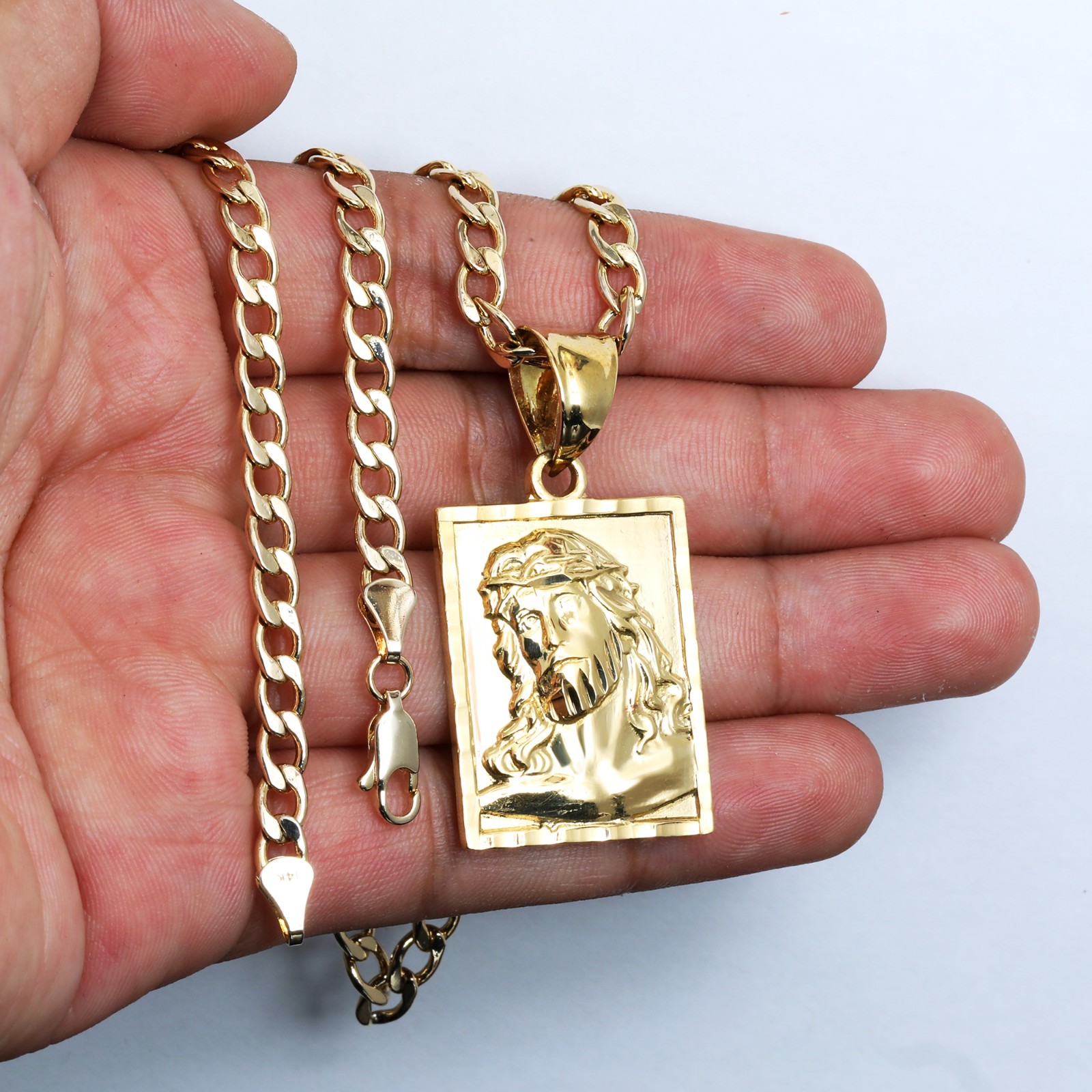 Block Jesus Face Charm Pendant 14k Gold Plated Brass 5mm 20″ Cuban Choker Chain