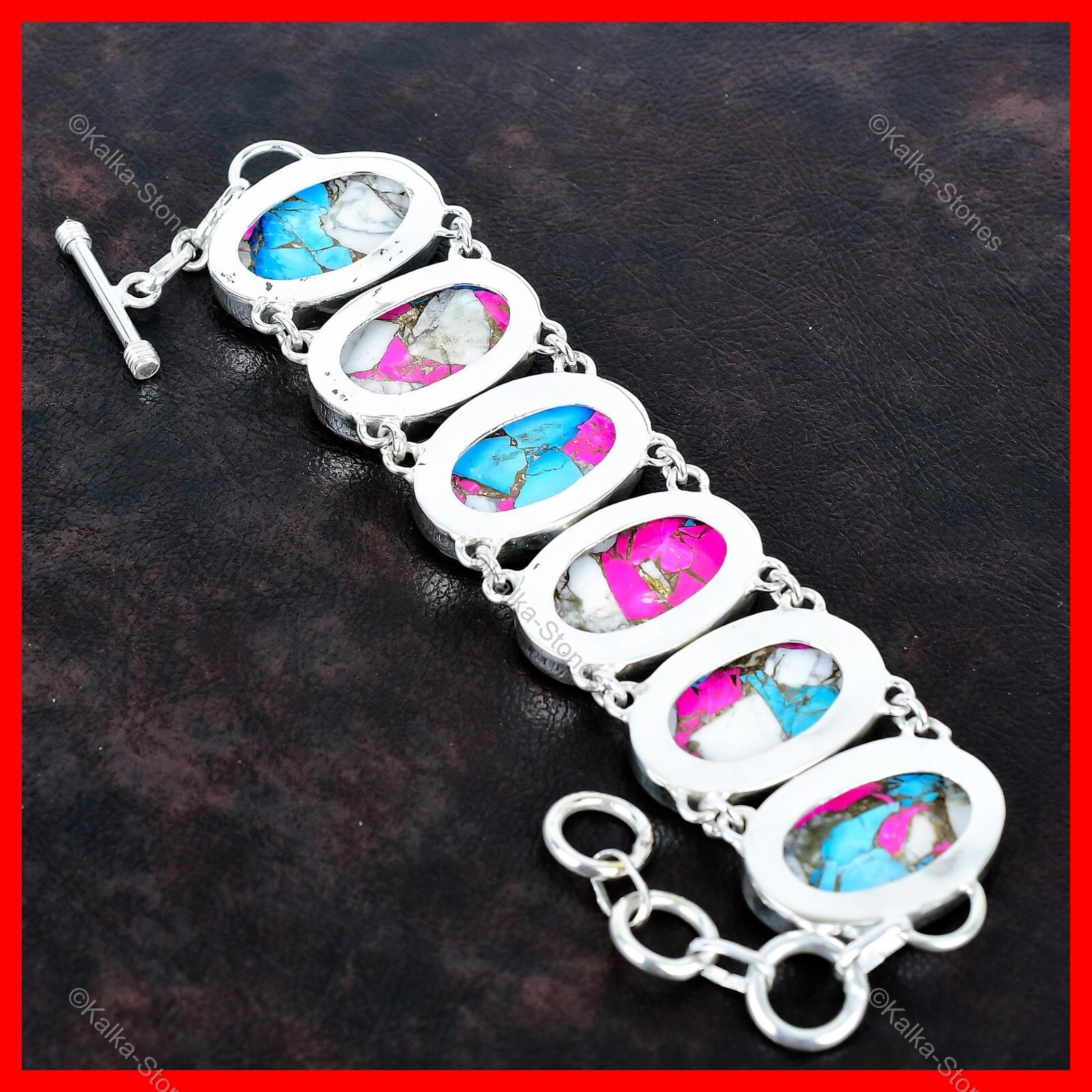 Cotton Candy Turquoise Gemstone Bracelet 925 Sterling Silver Adjustable Bracelet