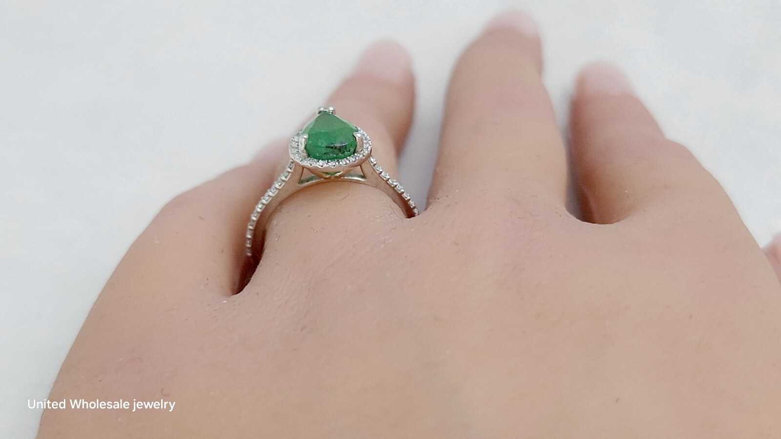 2.38Ct Genuine Mined Pear Emerald & Diamond Ring In Solid 14K White Gold