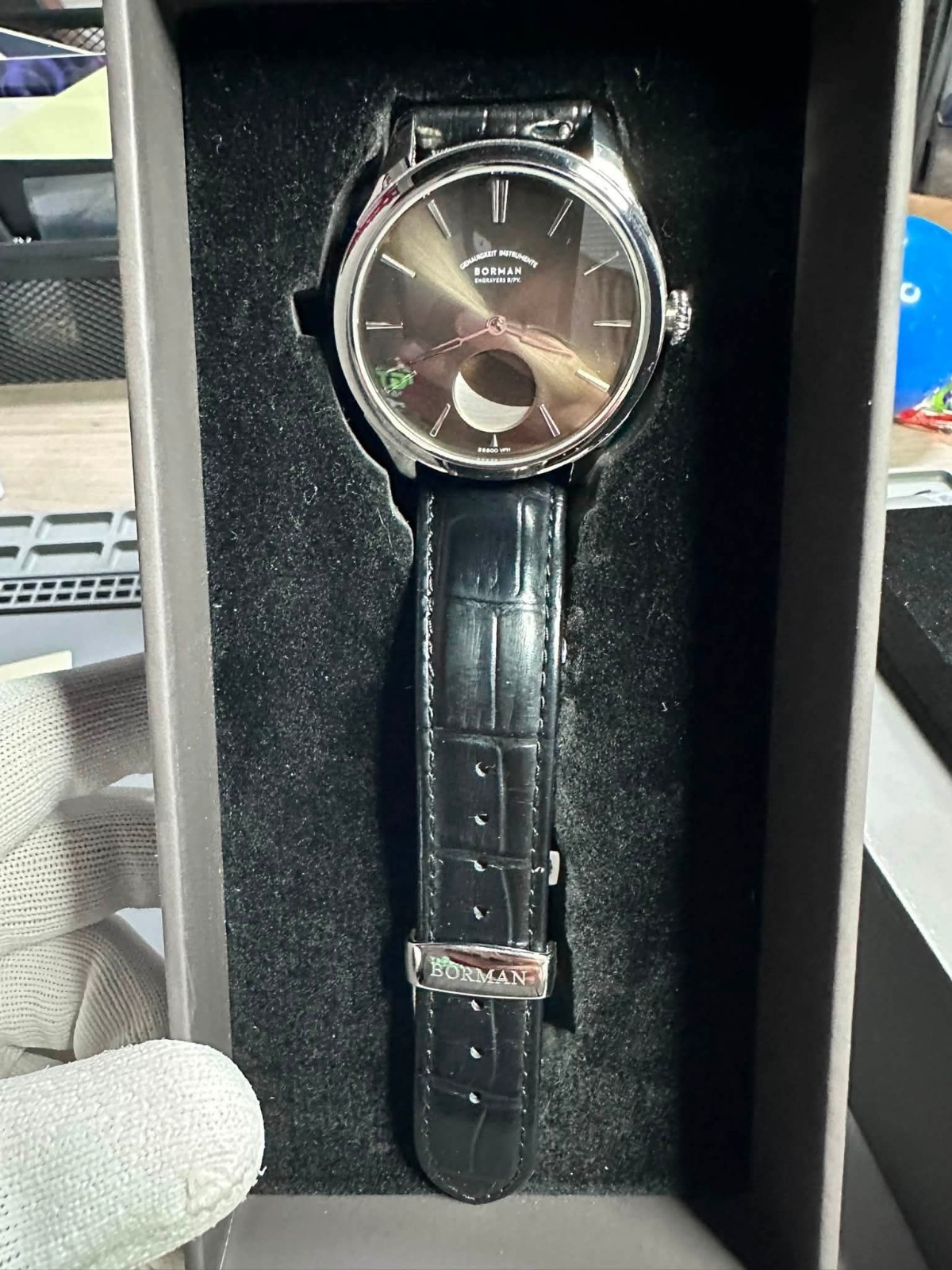 Borman Moonphase Automatic Moon Phase Gray Dial Black Leather Strap 50m 43mm