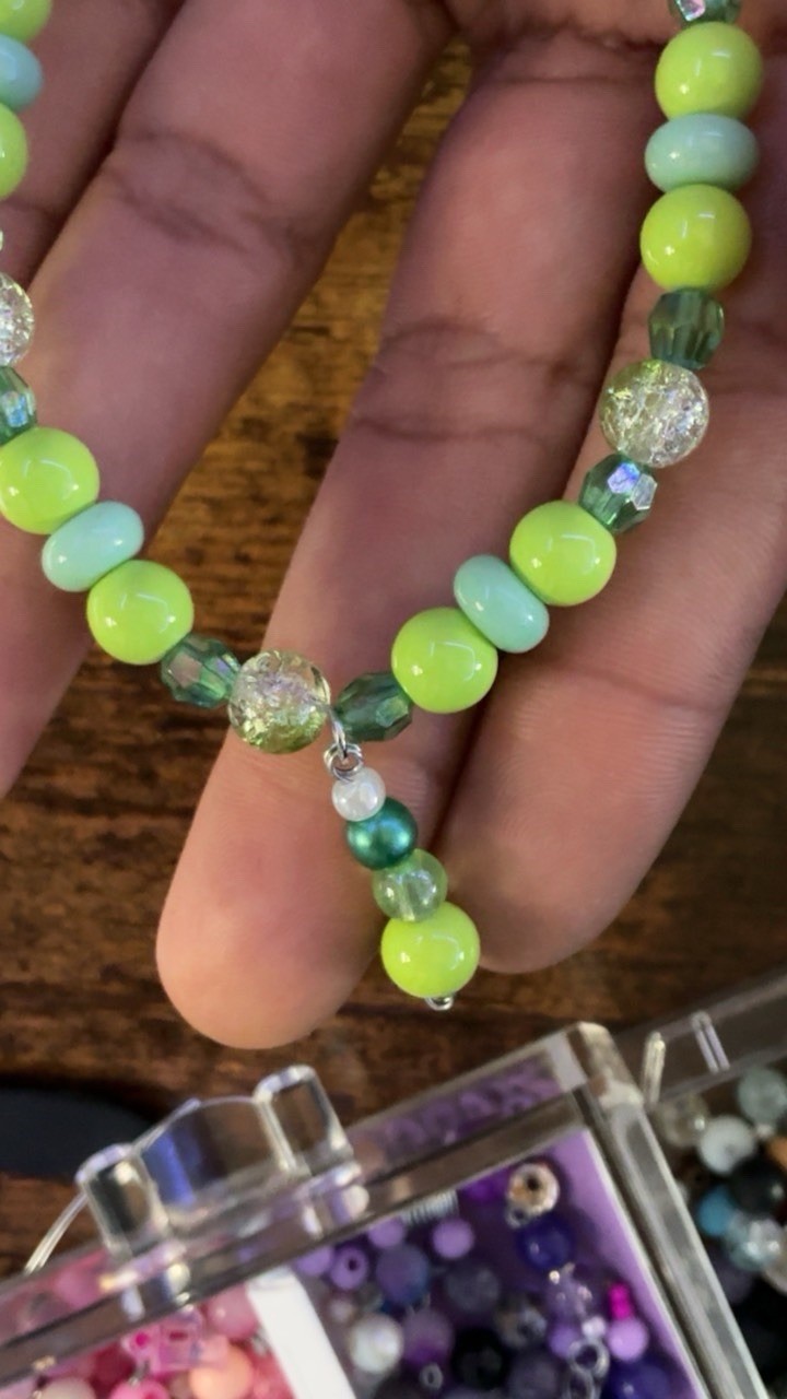 Handmade Green/Blue Glass & Plastic Beaded Bracelet w/ Dangle Charm, #067