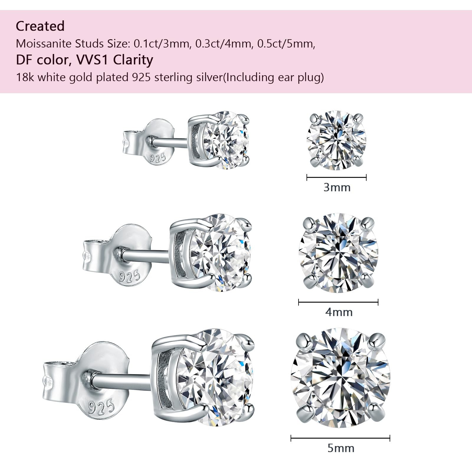 3 Pairs 18K White Gold Plated Created Moissanite Stud Earrings Set