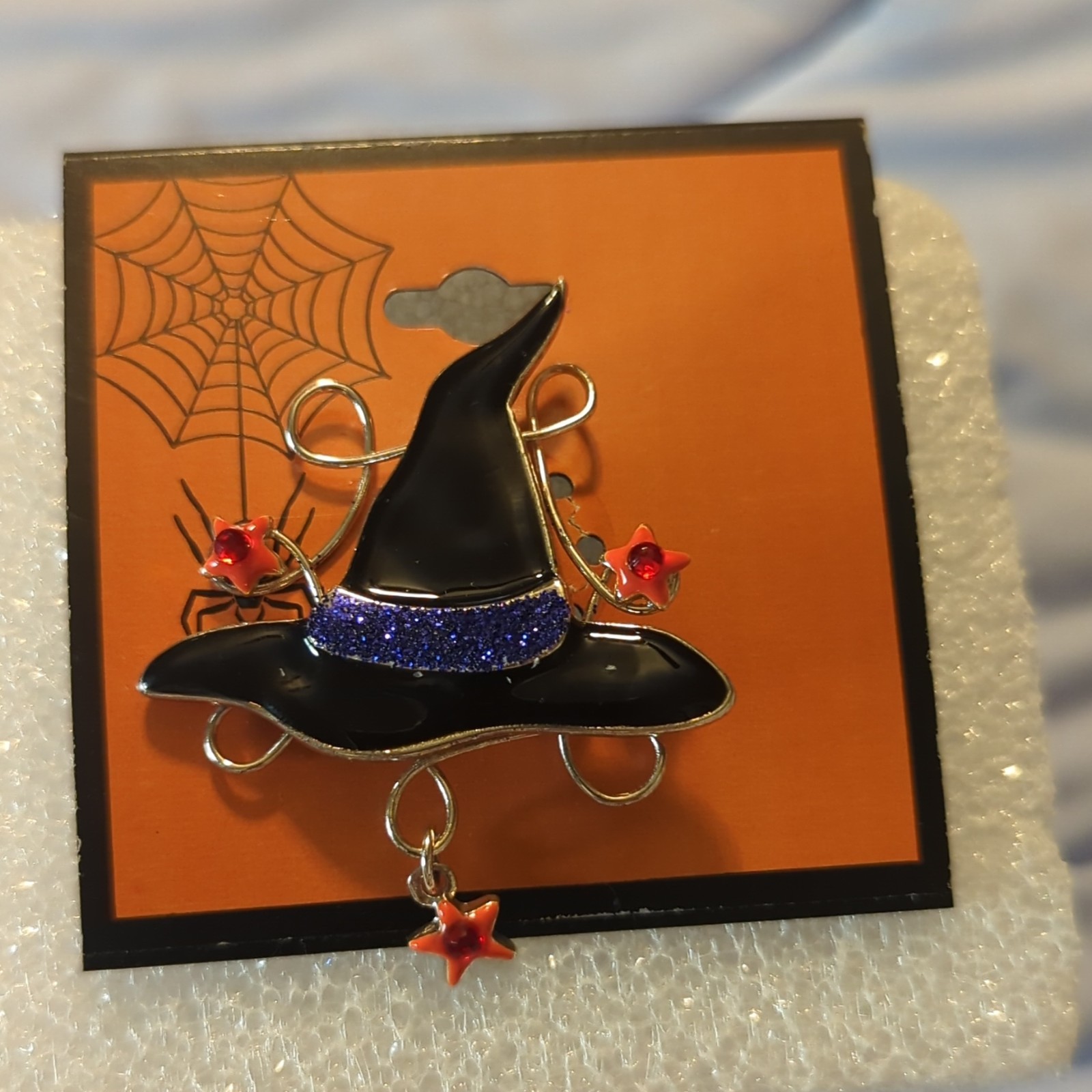 Black Enamel Witch Hat Halloween Brooch Pin, Orange Blue Silver Dangle