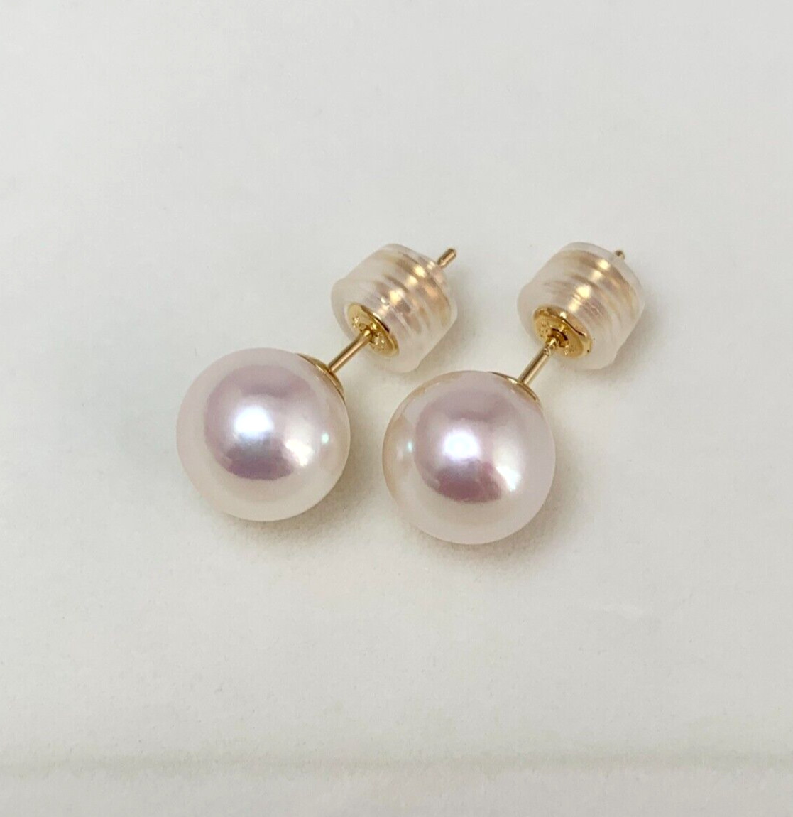 8.7mm round white-rose Japanese Akoya pearl stud earrings 18k solid yellow gold