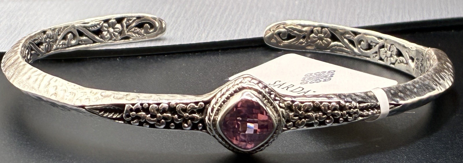 Sarda Light Pink Lab Created Sapphire Sterling Silver Cuff Bracelet Size 7.25