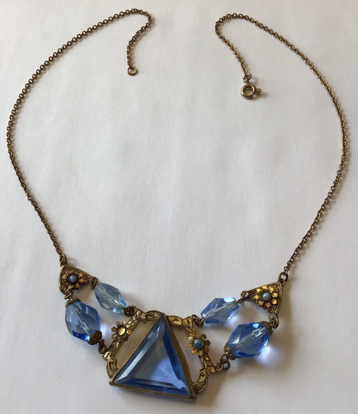 VINTAGE ART DECO BLUE RHINESTONE & BEAD NECKLACE H12