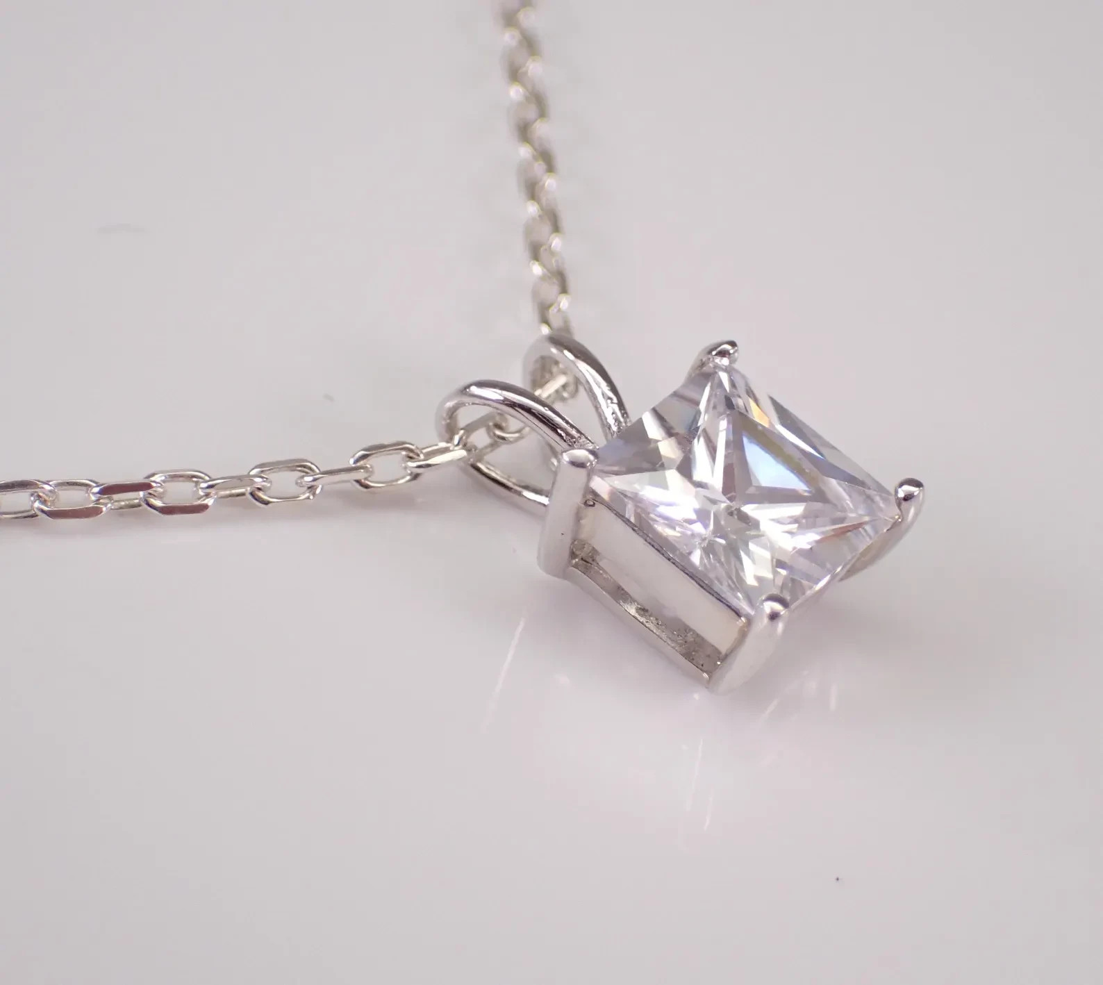 1.35 Ctw Princess Cut Moissanite Pendant For Women 14k White Gold Plated.