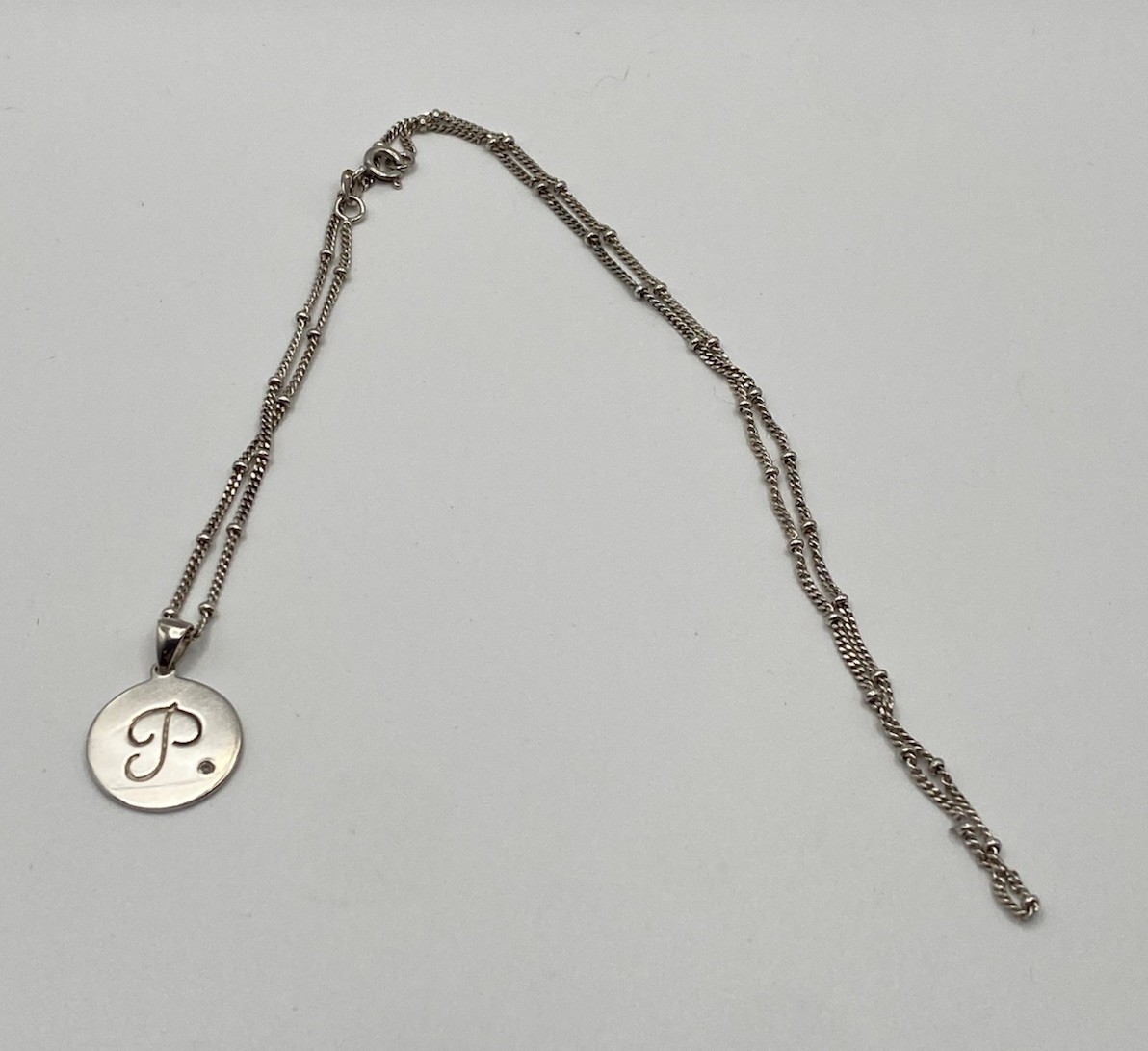 NVC 925 Sterling Initial “P”Diamond Disc Pendant Beaded Station Chain Necklace