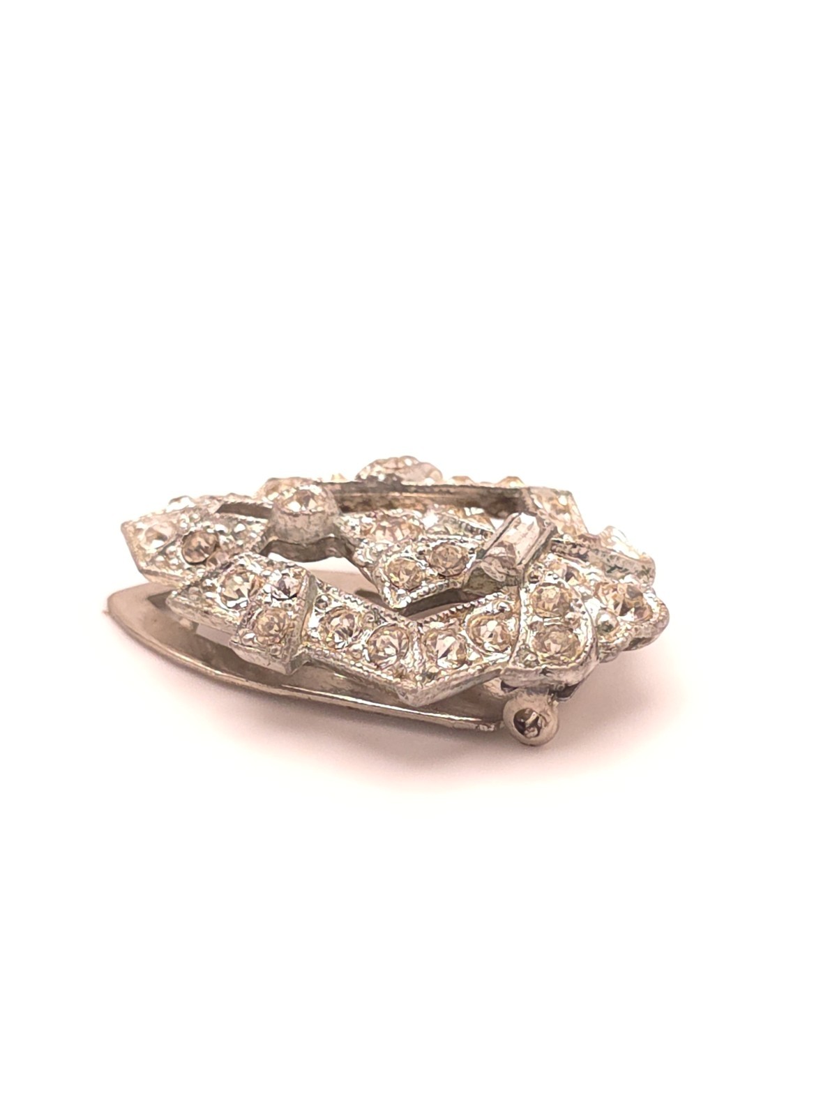 Vintage Art Deco Silver Tone Shield Dress Clip, Clear Round Simulated Rhinestone