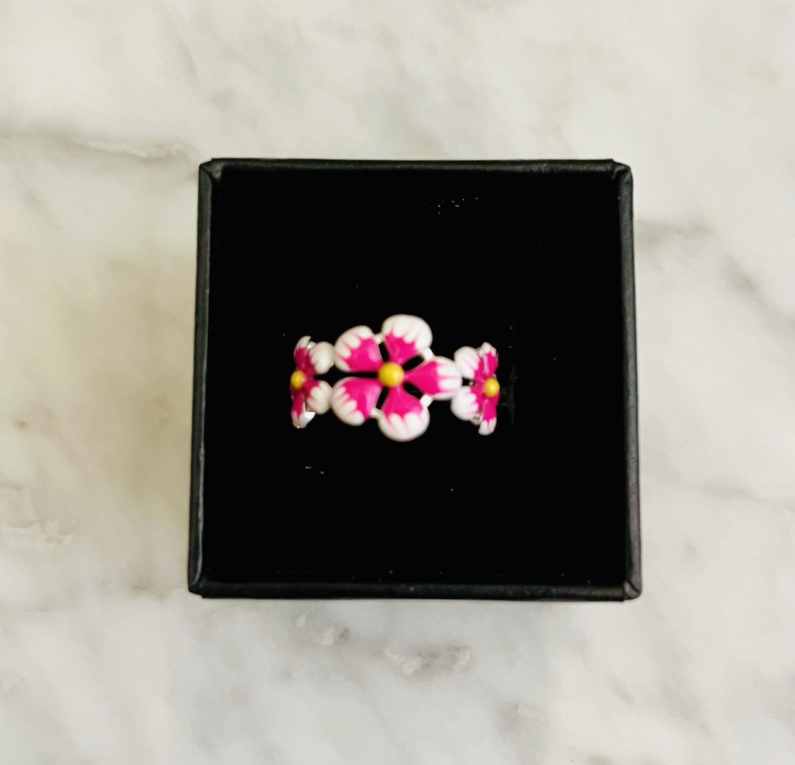 Sterling Silver Hand-Painted Paradise Pink & White Plumeria Enamel Ring-8.