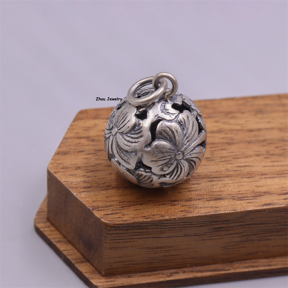 Real S925 Sterling Silver Men Women Openwork Flower Round Ball Pendant 4.8-5g