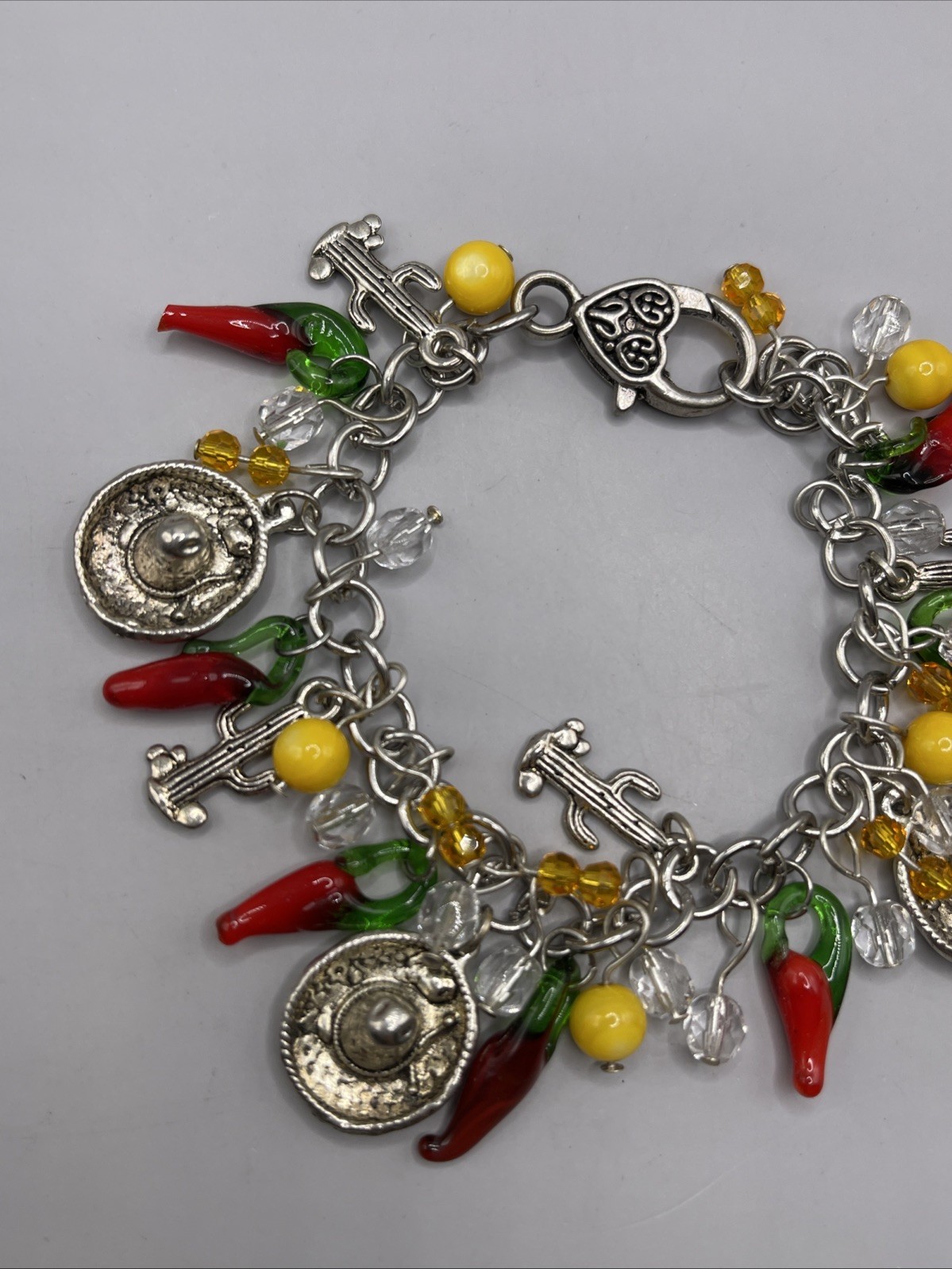 Charm Bracelet Jewelry Woman Glass Hot Papper Chili Cactus Sombrero Silver Tone