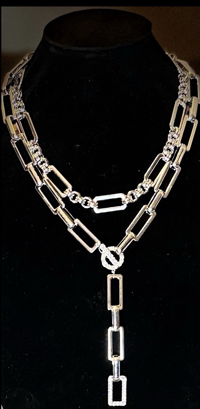 Silver Y Necklace 18″ Crystal Pavé Circle Front Closure Double Layered Link