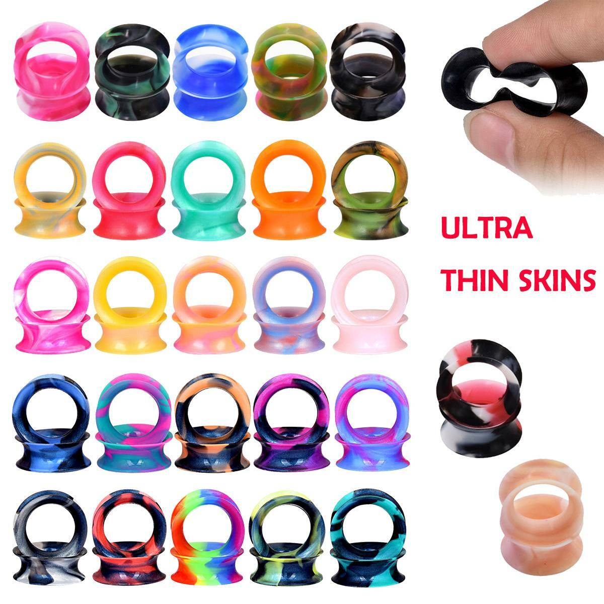 Pair Colorful Thin Silicone Ear Tunnels Plugs Gauges Earskin Earlets Flesh Gauge