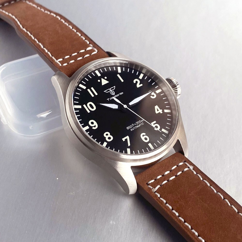 Tandorio 43mm Retro Pilot Sapphire Glass 20ATM NH35A PT5000 Men Mechanical Watch
