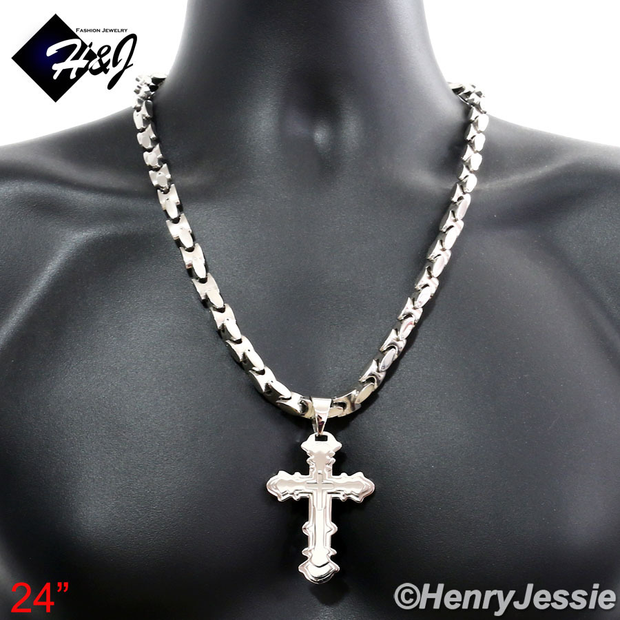 18″-40″MEN Stainless Steel 8mm Silver Interlock Chain Necklace Cross Pendant*P72