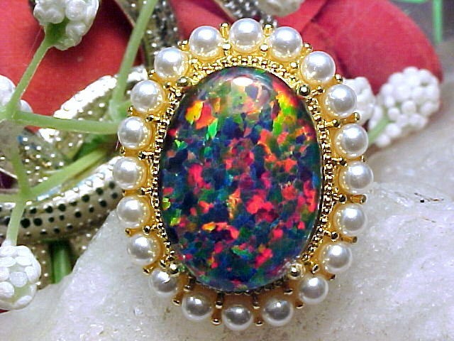 Gilson Opal Triplet 18x13mm & Pearl 2.1mm Ring 925 SS/14k Yellow Gold Finish