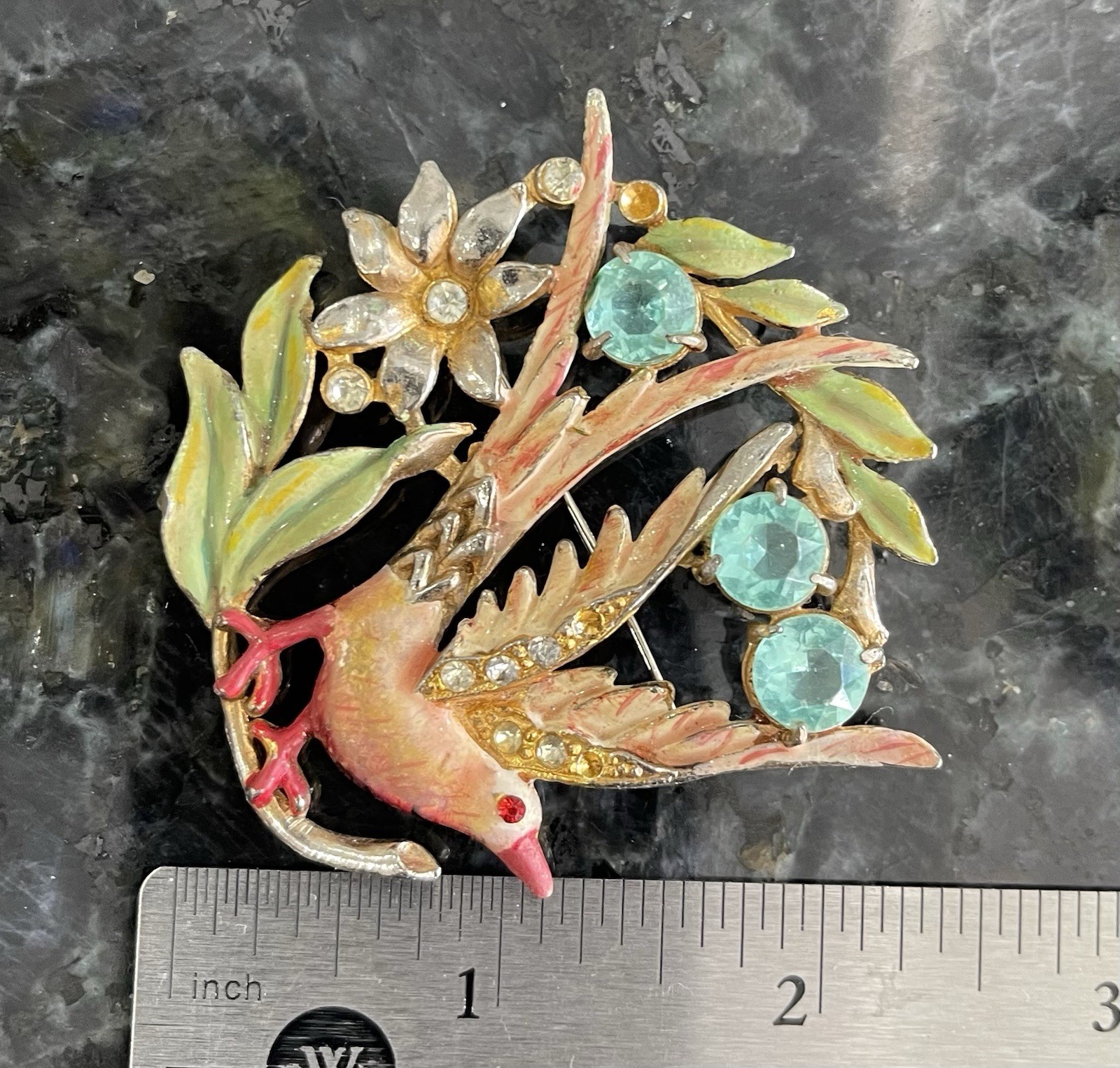 1940s Bird Of Paradise Eden Brooch Pot Metal Enamel Rhinestone Missing 3 Stones