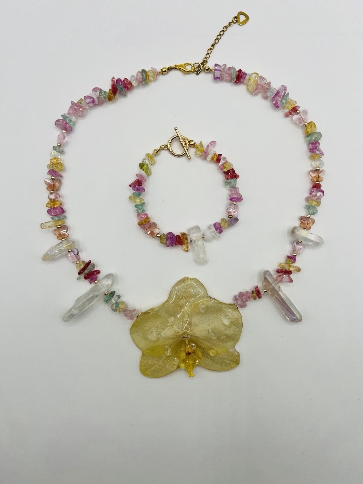 Jewelry Set Necklace & Bracelet Multicolor Beaded Yellow Real Orchid Pendant