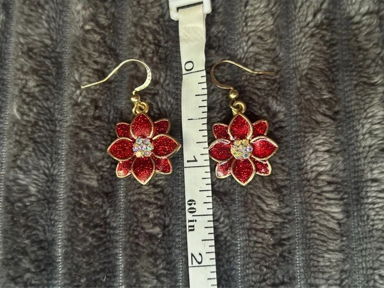 Gold Tone Red Enamel Flower Drop Earrings Crystal Rhinestone