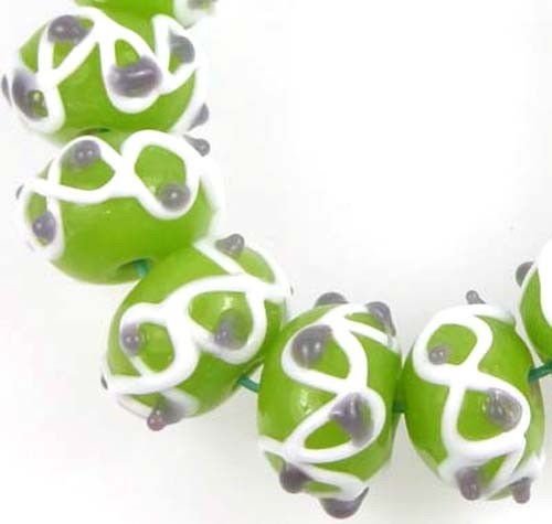 10 Lampwork Handmade Glass Beads Green White Lavender Rondelle (10)