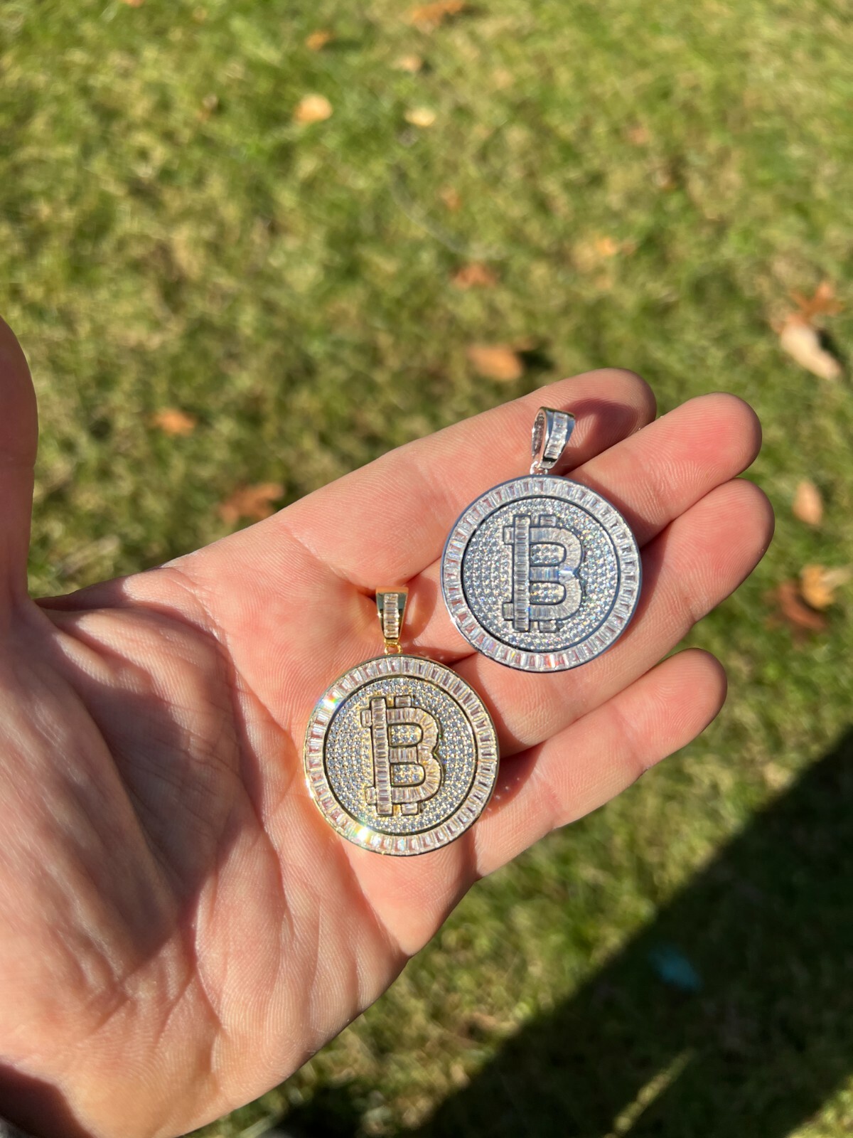Solid 925 Silver 14K Gold Plated Bling Out BITCOIN CZ Hip Hop Pendant Necklace
