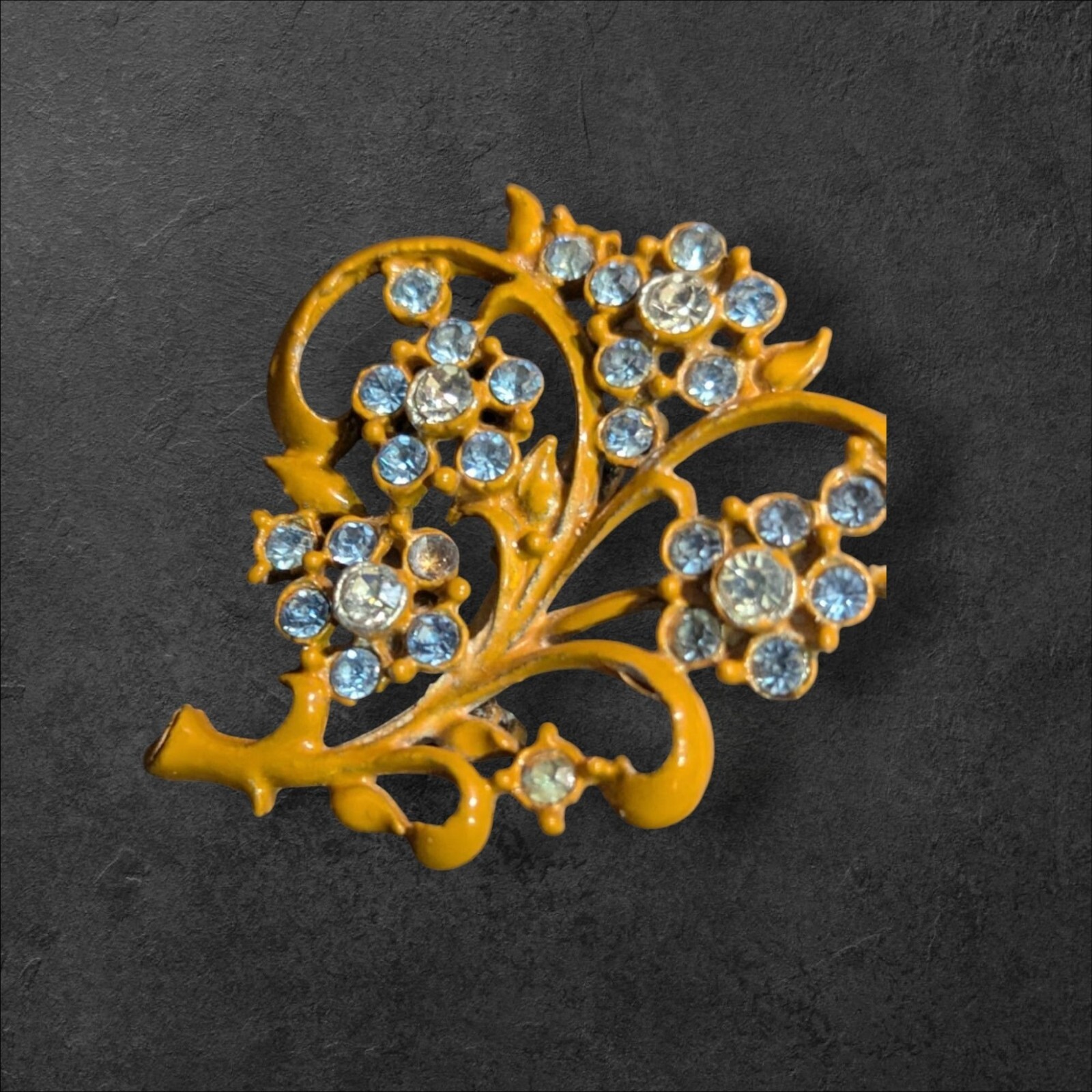 Vintage Mustard Yellow Enamel Blue Rhinestone Flower Brooch Pin 2 Inch Floral