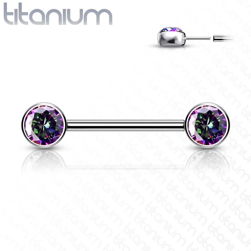 Pair of Implant Grade Titanium Threadless Push In Nipple Barbell W/ Flat CZ Tops
