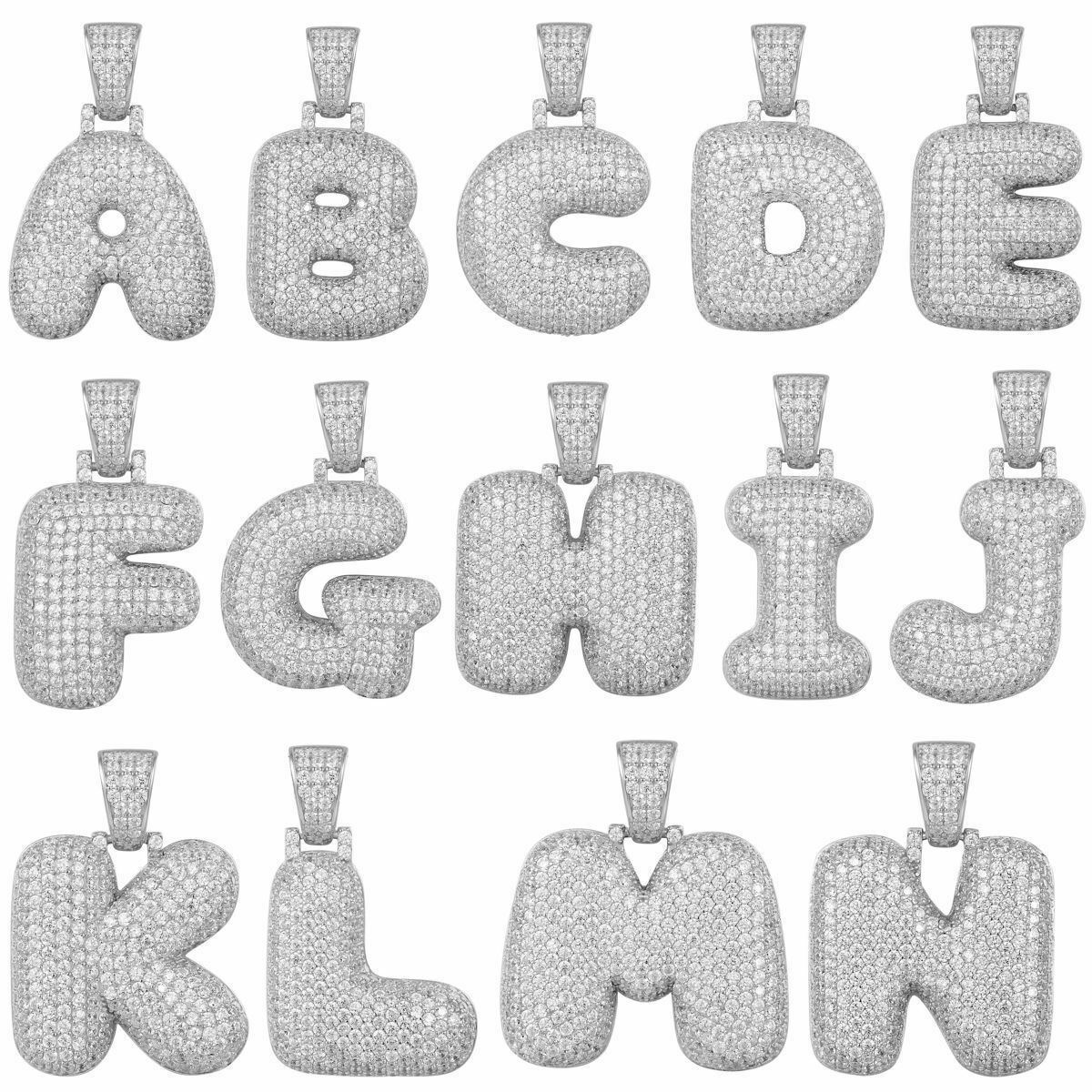 925 Silver Custom Bubble Letters Initial Pendant CZ FULLY ICED A B C D E F G – Z