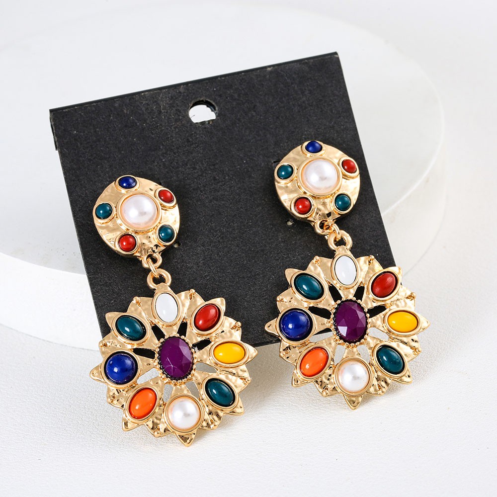 Multi Color Stone Floral Drop Earrings Gold Plated Retro Pearl Statement Jewelry