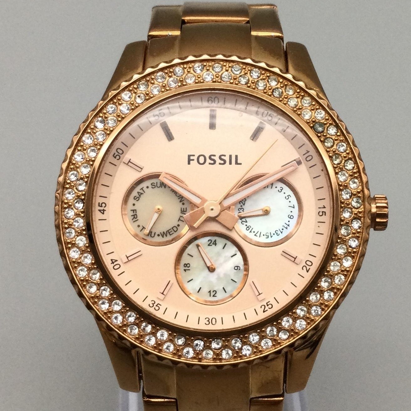 Fossil Riley Womens Watch 38mm Crystals Rose Gold Tone ES3003 New Battery 6.75″