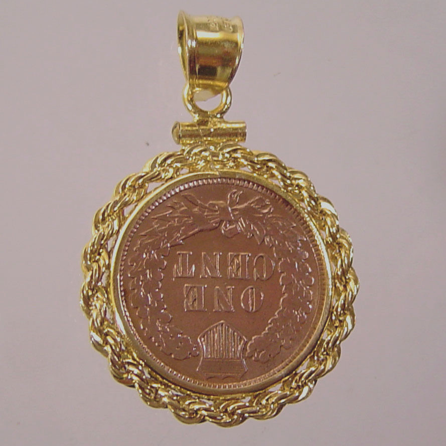 Coin Pendant Vintage Indian Cent Coin 14K Gold Filled Rope Bezel Soldered Bail