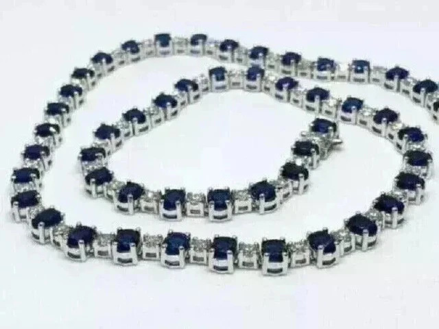 18.00Ct Round Cut Simulated Sapphire Women Tennis Necklace 14K White Gold Plated