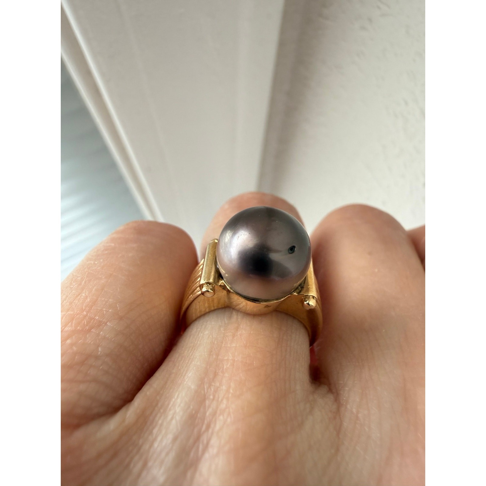 Designer | Grecian Style 14K Yellow Gold 10.9 mm Tahitian Pearl Ring | Appx 6.5”