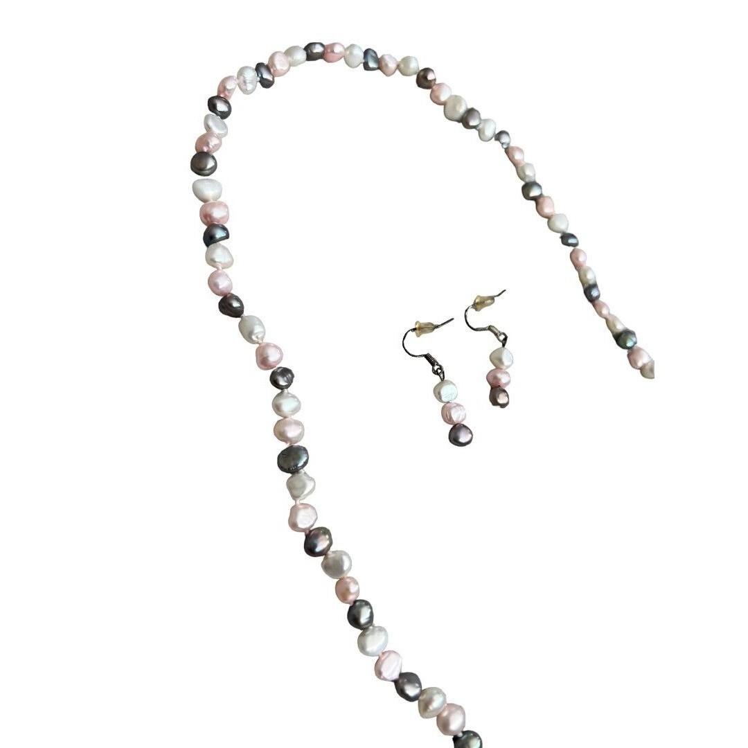 Freshwater Multicolor Pearl Necklace and Earrings Set Pink Gray White Dangle Ear