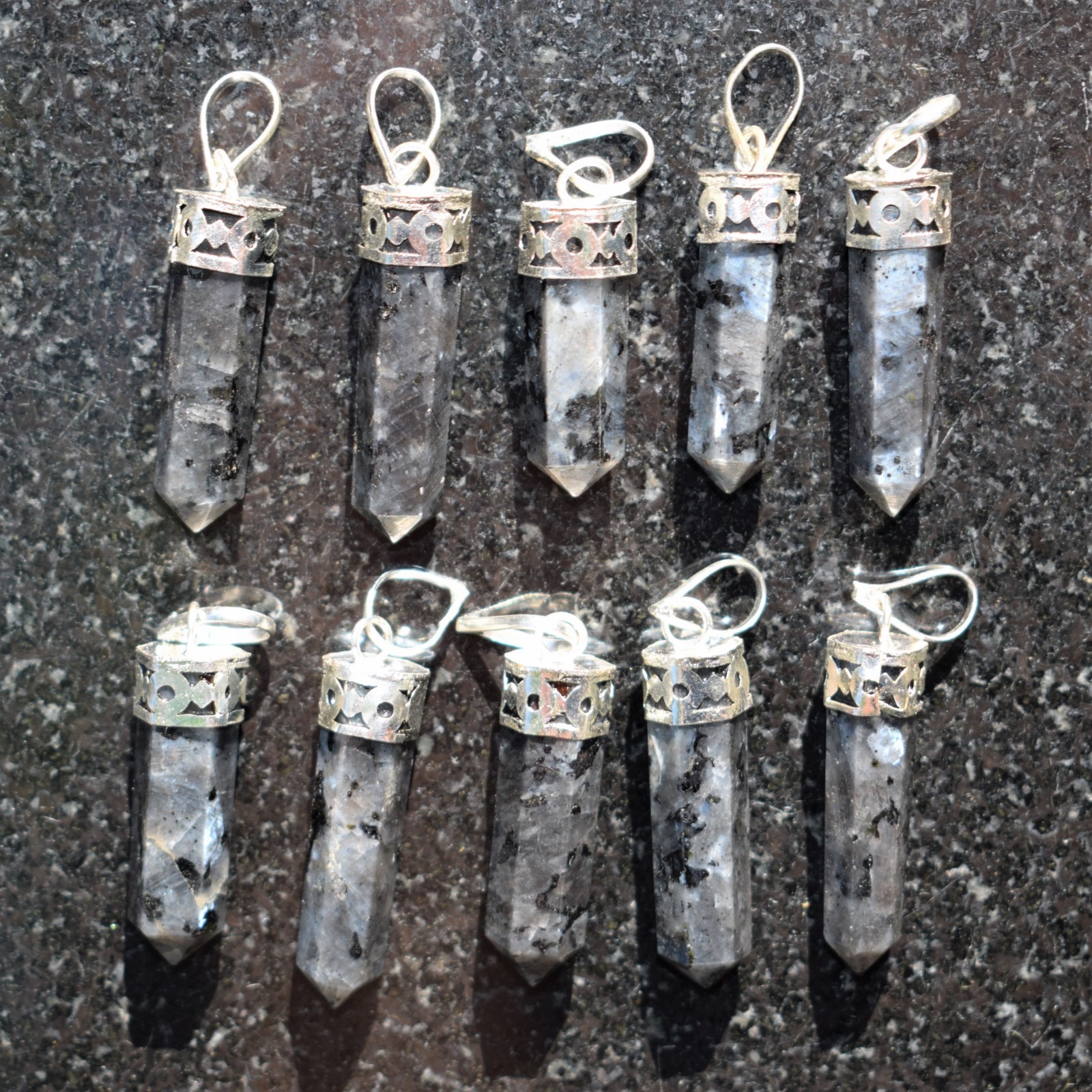 Charged Titanium Flash Larvikite Point Pendant + 20″ Stainless Steel Chain