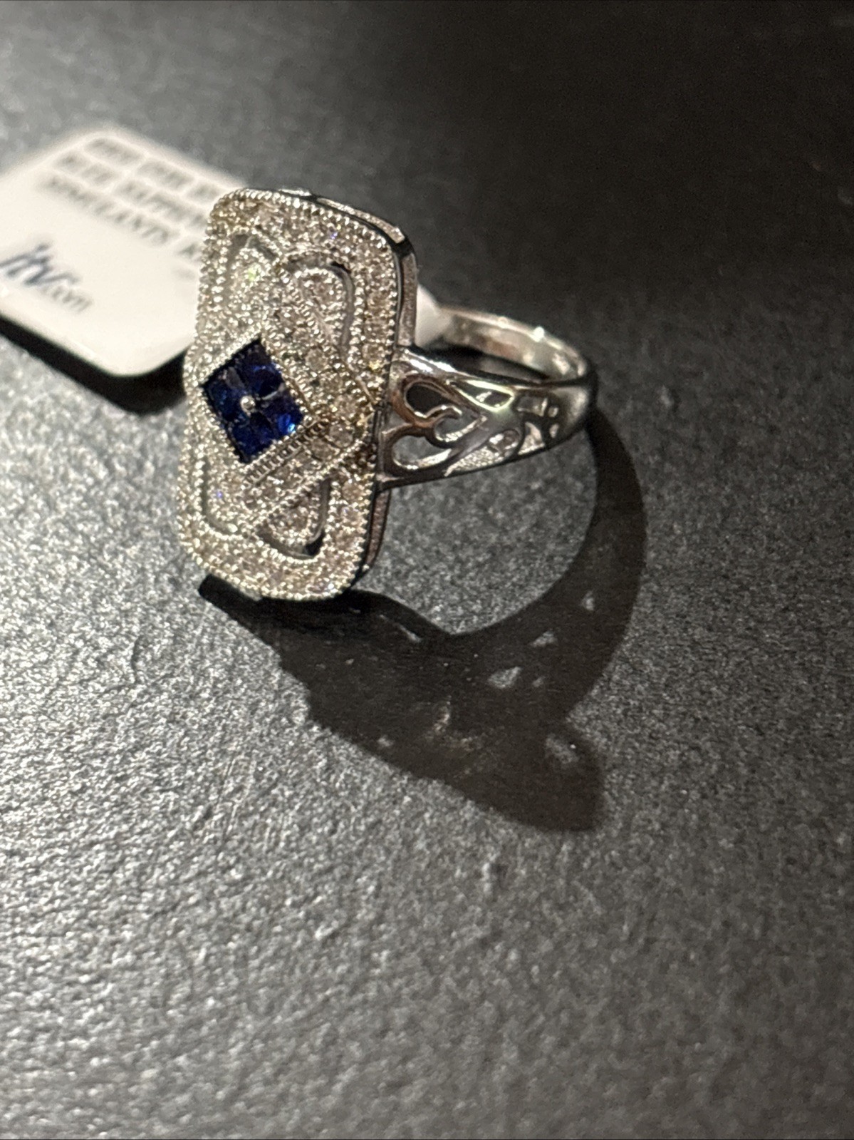 Rhodium Over Sterling Silver Bella Luce Blue Sapphire & Diamonds Ring Size 8 New