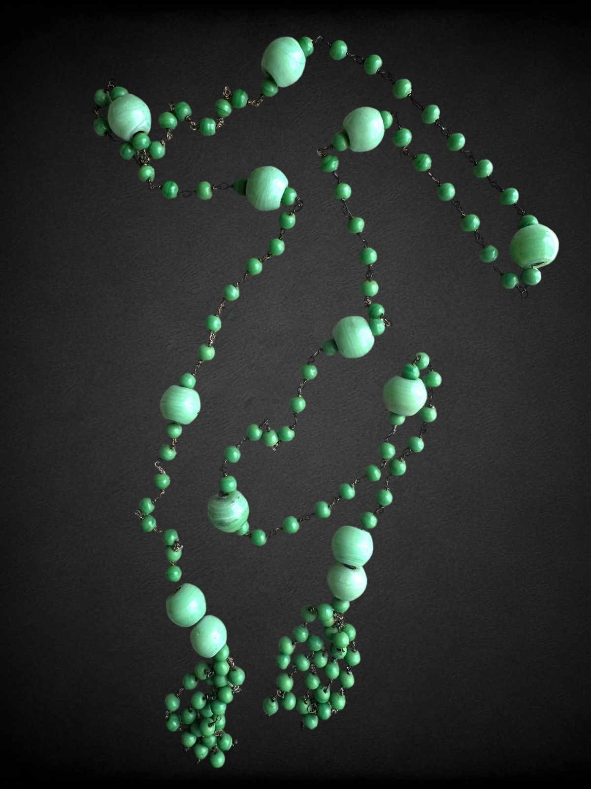 Antique Art Deco Jadeite Green Glass Sautoir Tassel Lariat Beaded Czech Necklace