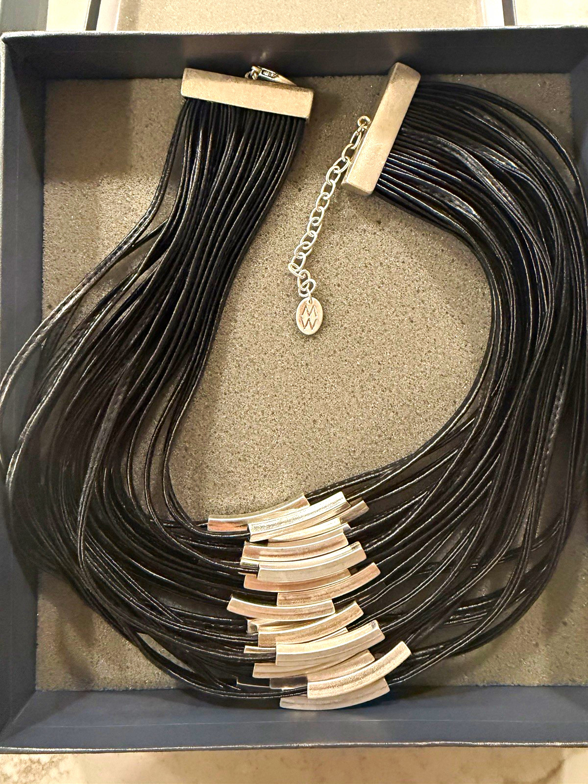 Multi-Strand Black Cord Statement Necklace Silver-Tone Accents Signed MW Charm