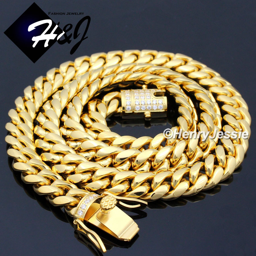18″-40″MEN Stainless Steel 7mm Gold Plated ICY CZ Miami Cuban Necklace*GN158