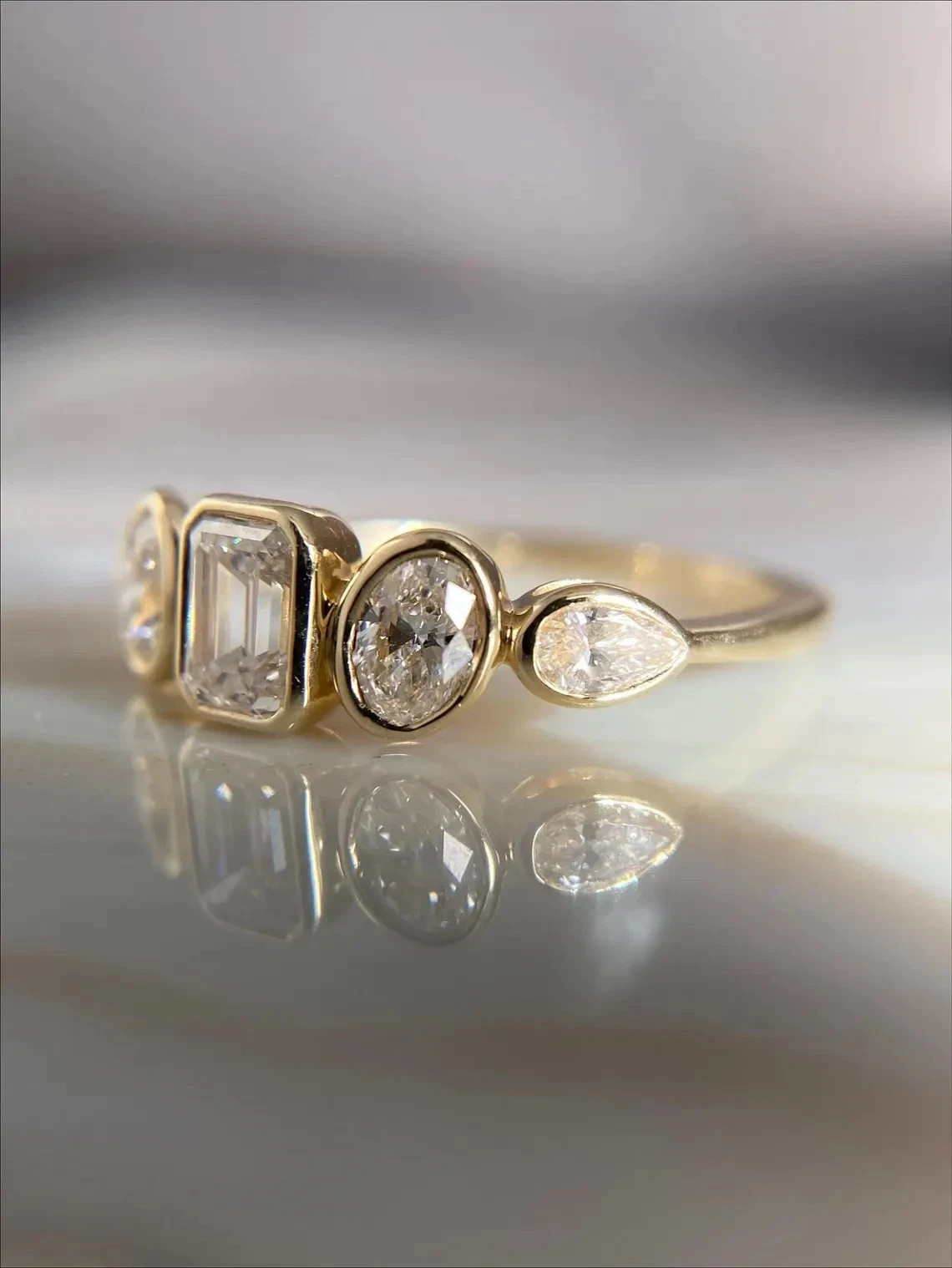 4Ct Emerald Cut Bezel 5 Stone Moissanite Engagement Ring 14K Yellow Gold Plated
