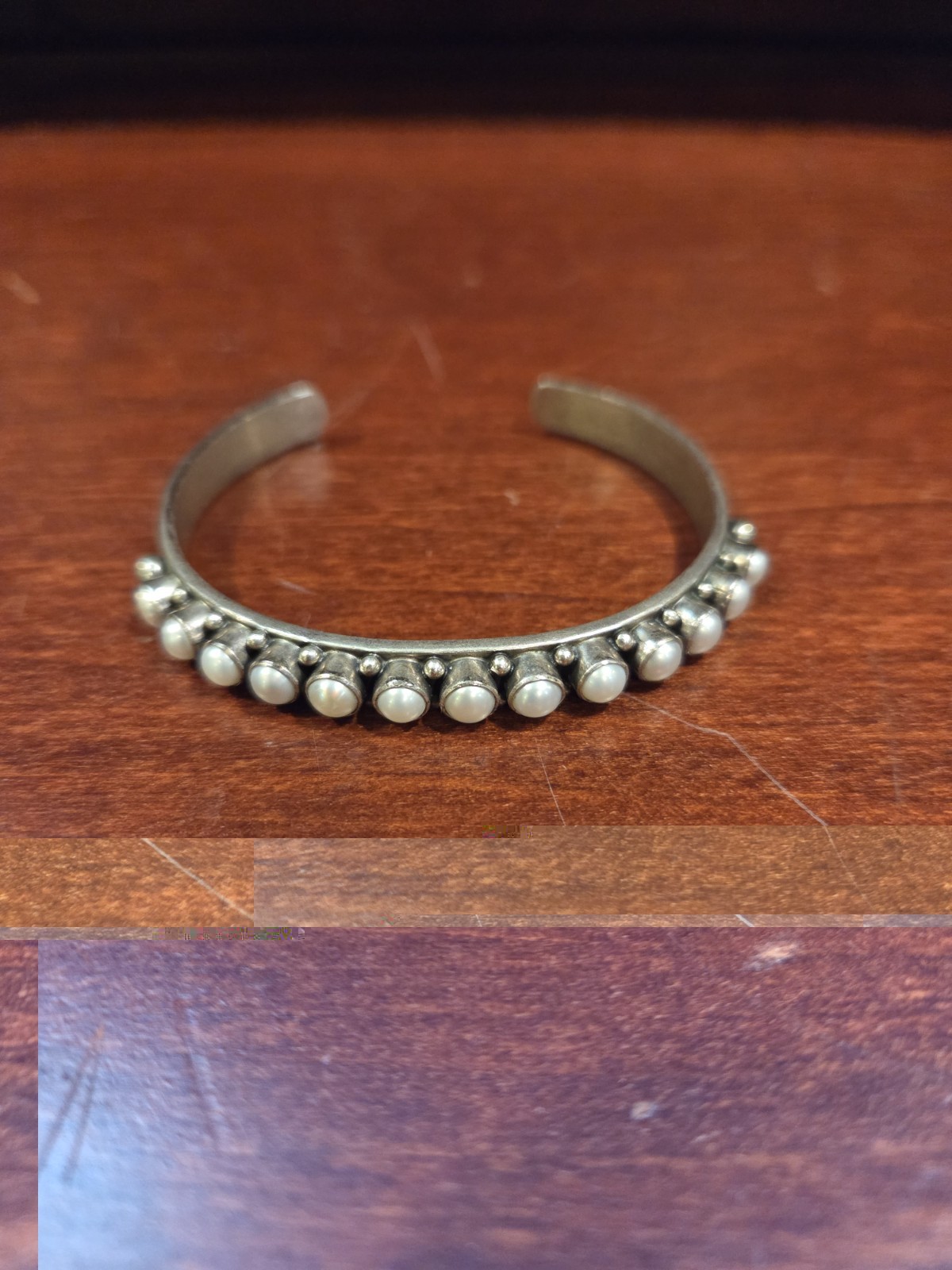Vintage Fred Harvey Era Navajo Sterling Silver Pearl Row Cuff Bracelet Stamped