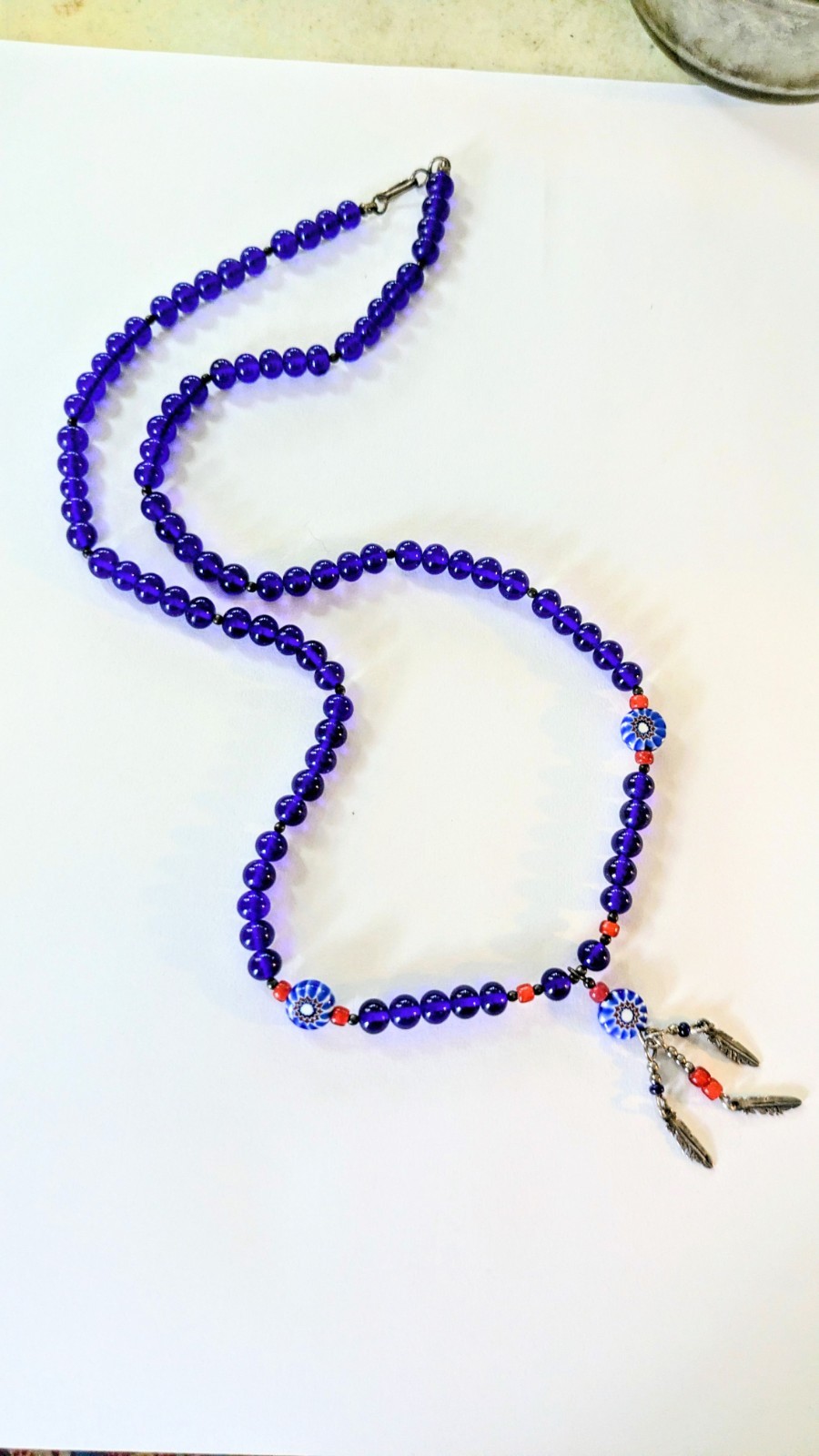 N.A. Style Sterling Silver Cobalt Blue Beaded Feather Pendant Necklace 23.5″